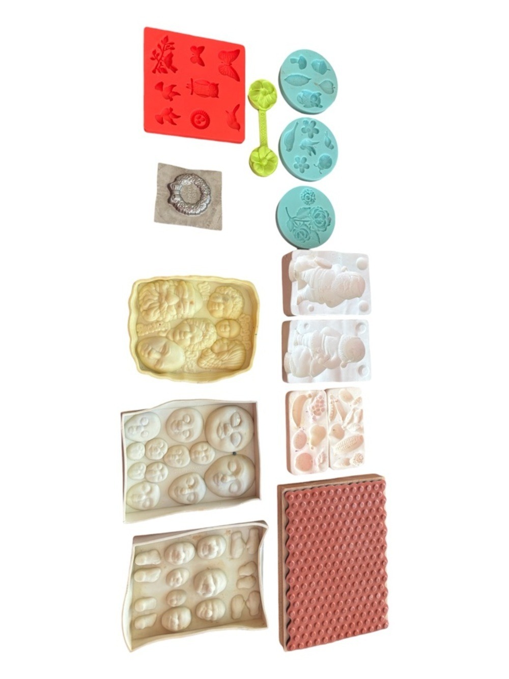 13PC VTG ASSORTED NOVELTY SILICONE & PLASTER MOLDS DOLLS, & HOLIDAY, FRUIT & VEG